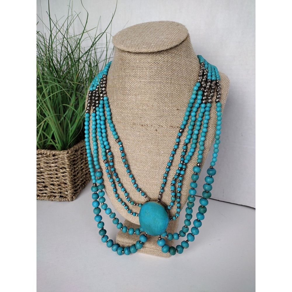 Stunning Zuni Style 5 Strand Beaded Pendant Necklace Turquoise Color